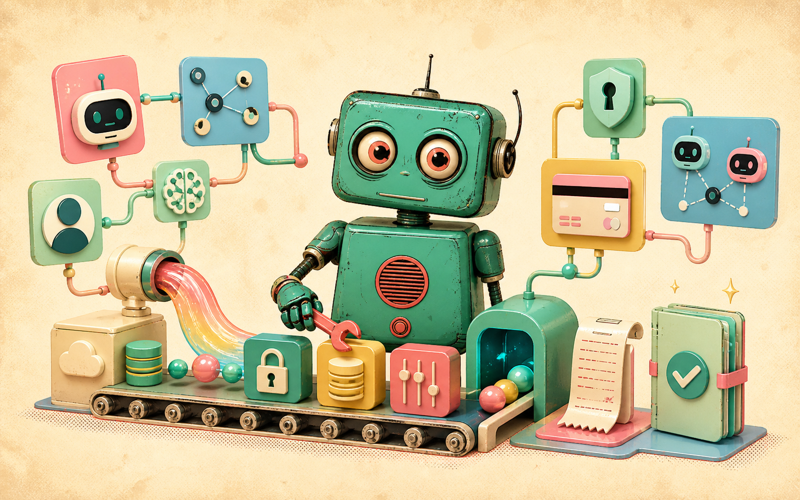Retro teal robot mascot turning a job-to-be-done into an agent-native micro-SaaS operating package